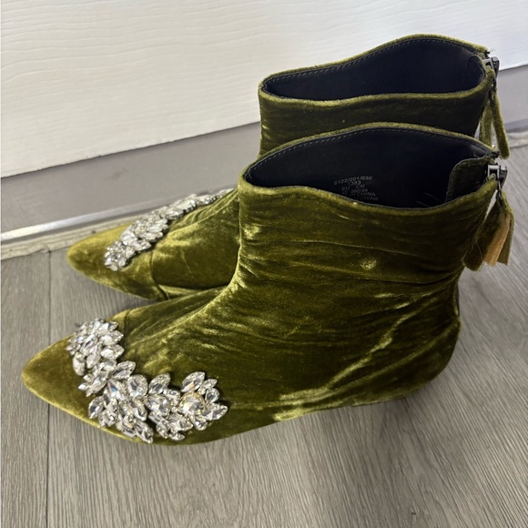 Zara Olive Velvet Ankle Boots with Crystal Detail - Picture 3 of 7